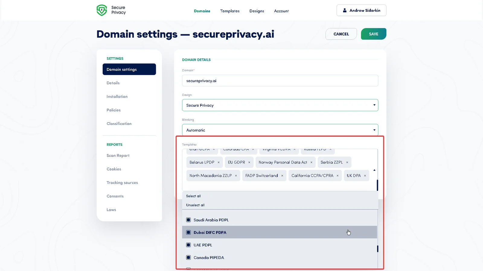 Secure Privacy Domain Settings Templates section showing pre-defined legal compliance template options for GDPR, CCPA, and other data privacy regulations