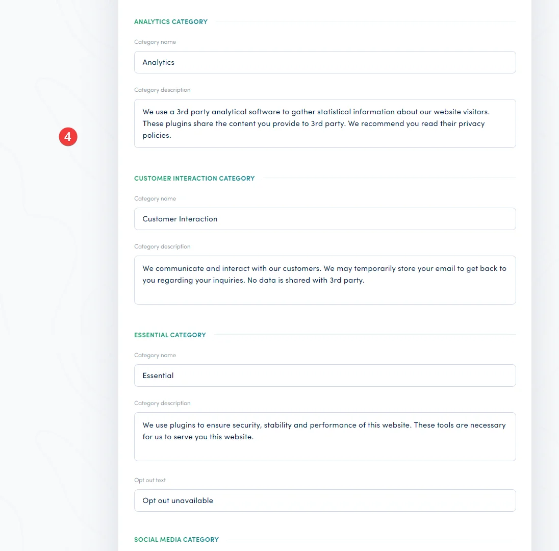 Secure Privacy Preference Center editor showing tab name fields for Privacy Policy, Cookie Declaration, and Data Request with language-specific editing