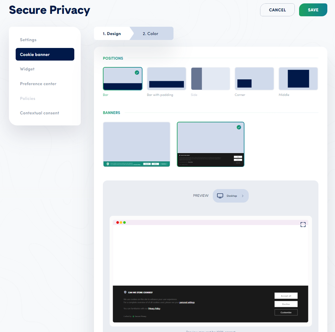 Secure Privacy cookie banner showing Bar position design with horizontal banner at the bottom of the viewport