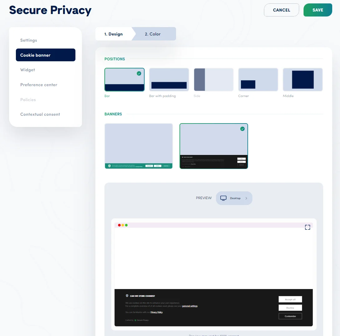 Full-width bar cookie banner layout displayed at the bottom of a webpage in Secure Privacy design editor