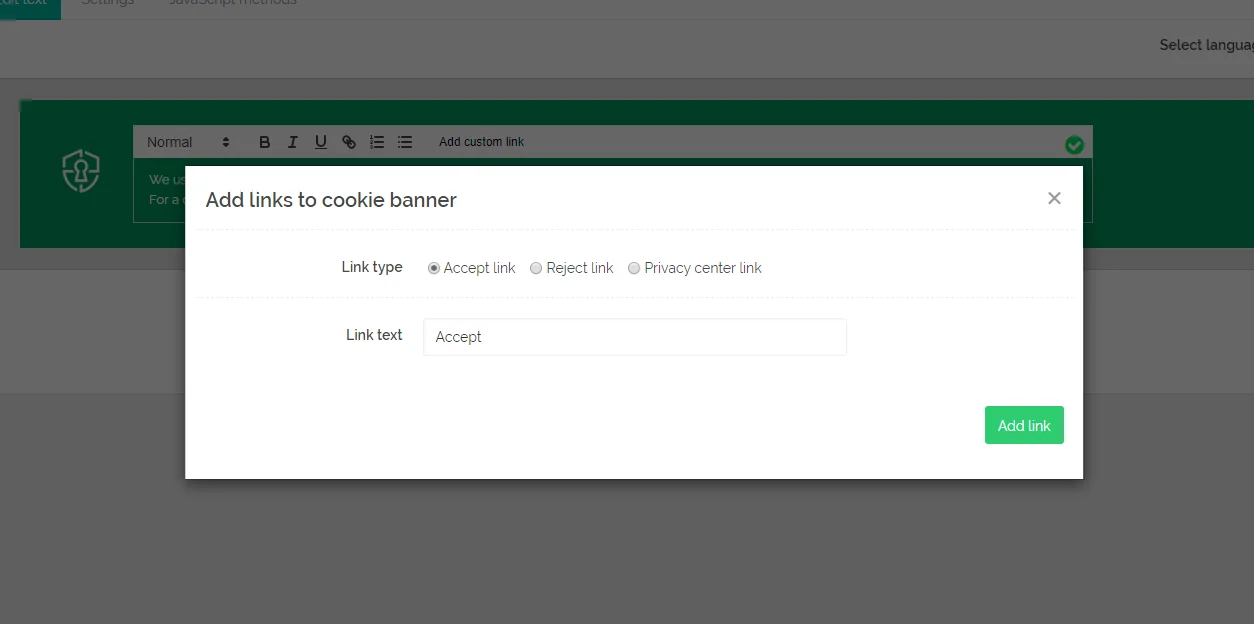 Secure Privacy Add Custom Link popup showing link text and URL input fields
