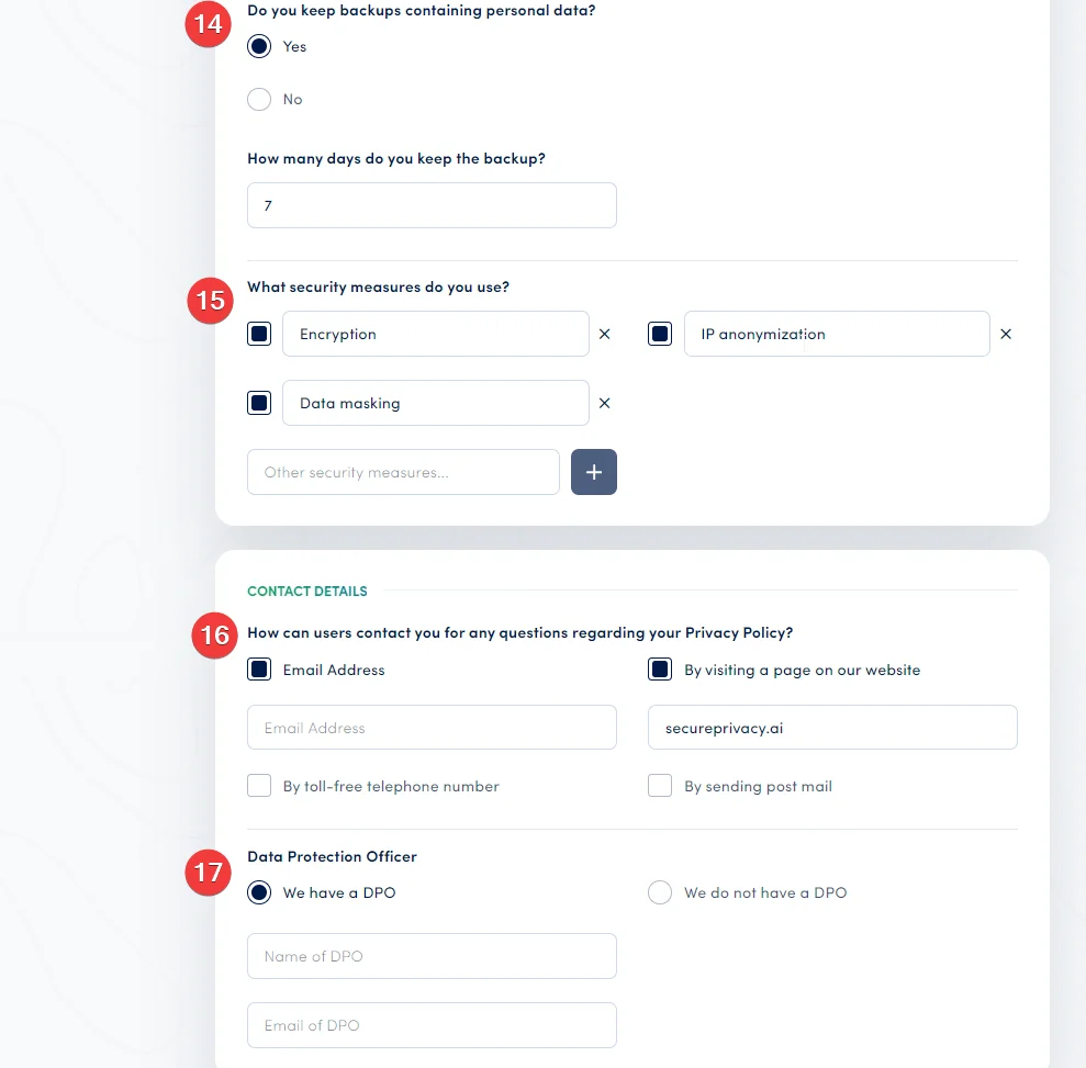 Secure Privacy privacy policy generator showing fields for Data Protection Officer details, disclosure of personal information, and selling of personal data