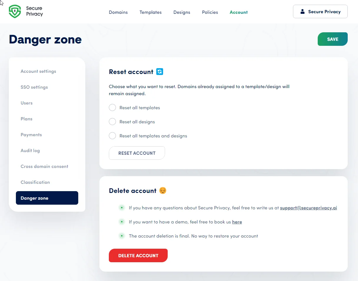 Secure Privacy Danger Zone tab in Account Settings showing Reset Account and Delete Account options