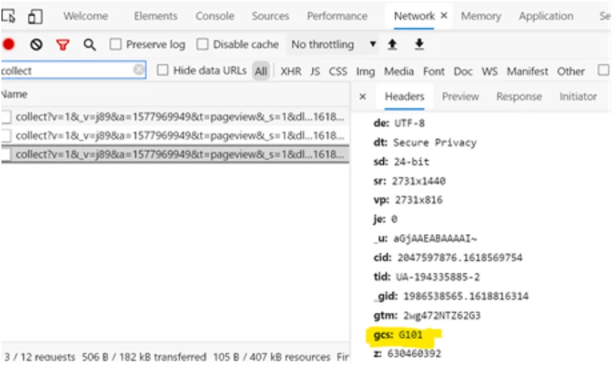 Chrome DevTools Network tab showing gcs parameter with value G111 in a Google Analytics collect request after user grants consent