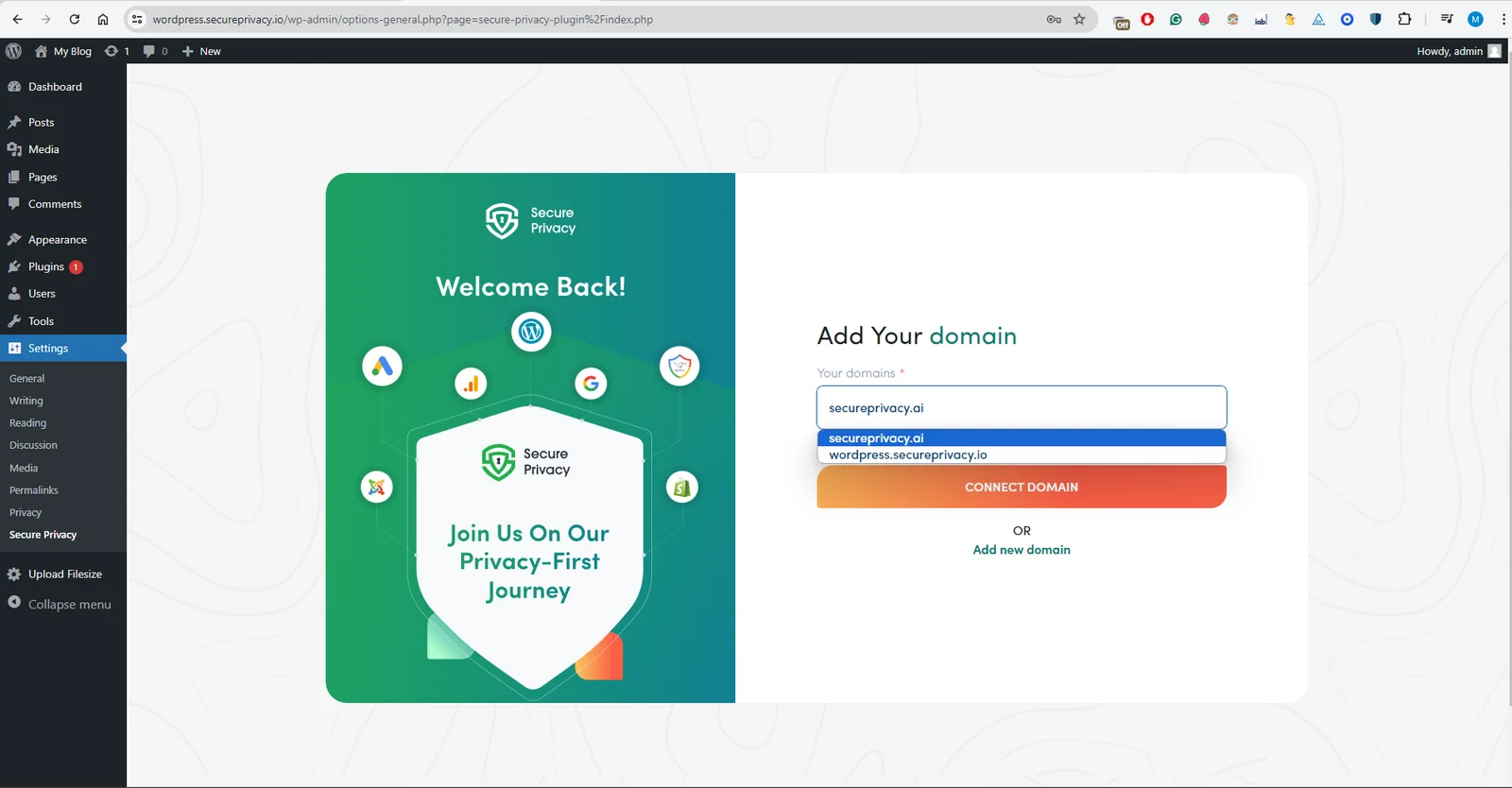 Domain selection screen in Secure Privacy plugin for existing users managing cookie banner settings