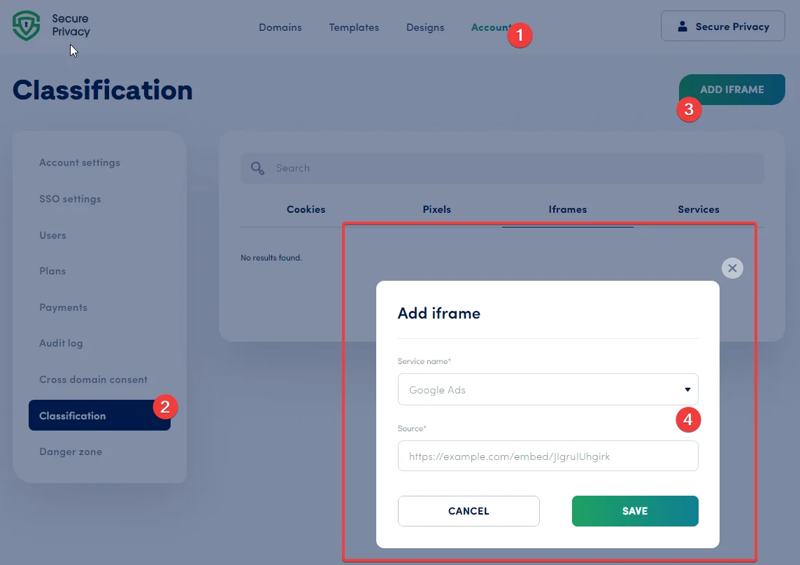 Secure Privacy account-level Classification Iframes tab showing the Add Iframe form with level selector, source URL, and service name fields