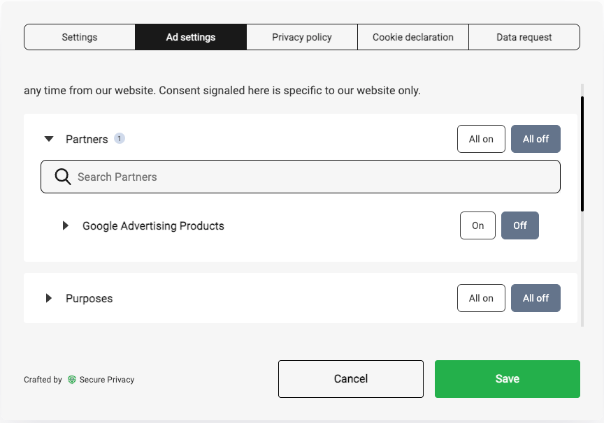 Secure Privacy preference center showing Ad Settings tab with vendor consent controls and Settings tab with standard cookie category consent options