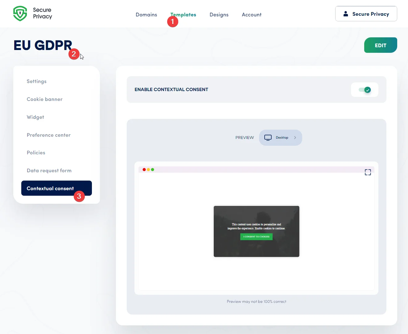 Secure Privacy Templates dashboard showing the Contextual Consent tab selected within a cookie consent template