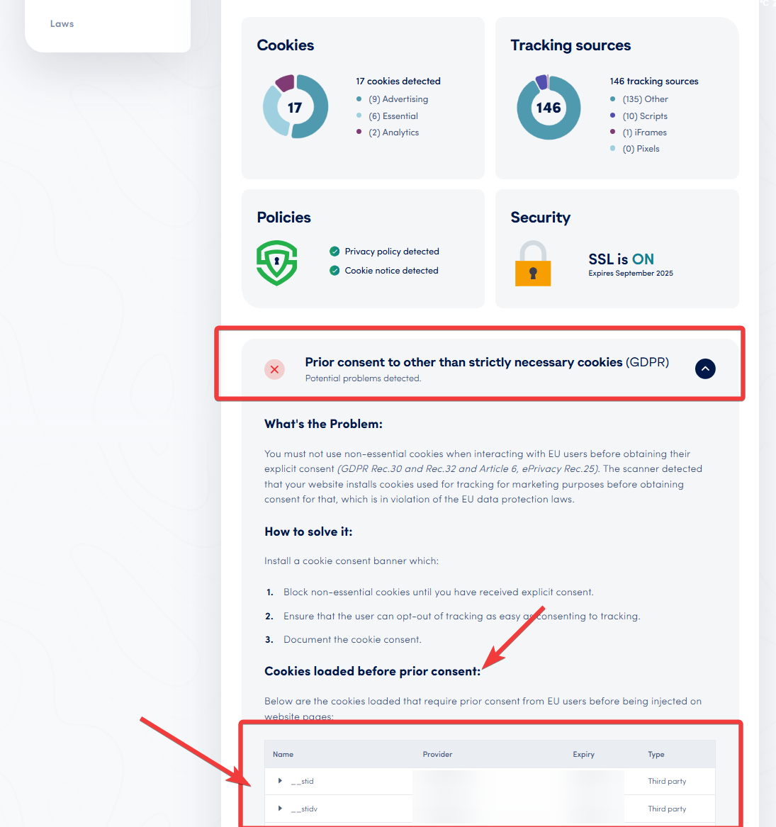 Scan report highlighting the 'cookies loaded before prior consent' section under GDPR compliance settings in Secure Privacy