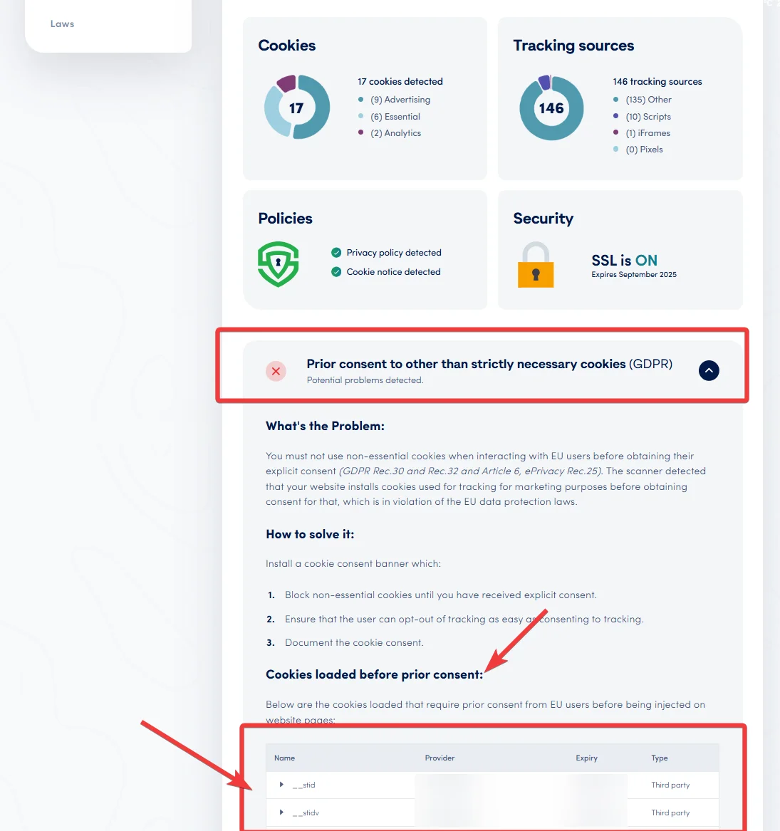 Scan report highlighting the 'cookies loaded before prior consent' section under GDPR compliance settings in Secure Privacy