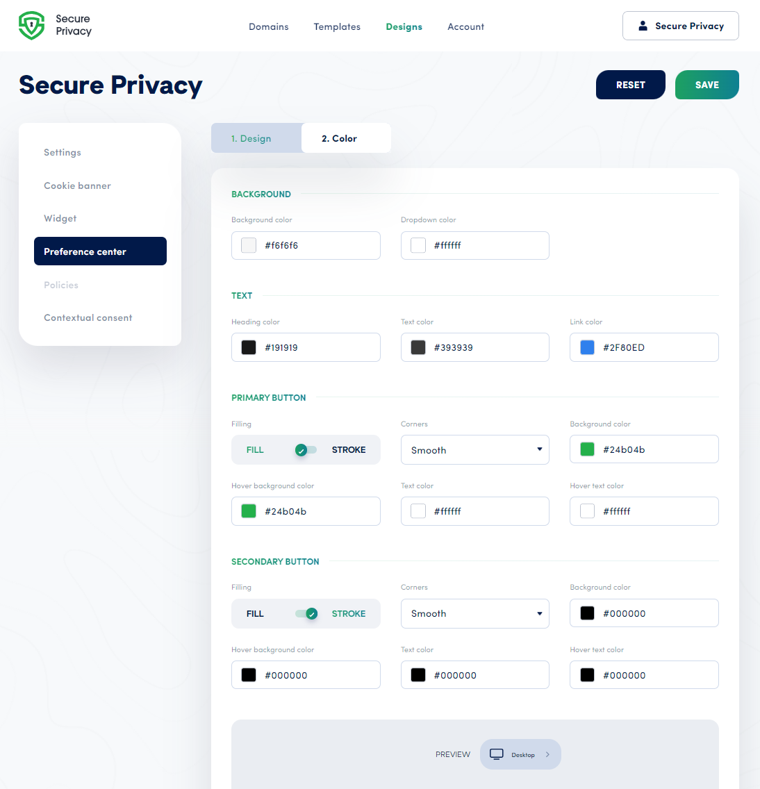 Secure Privacy Preference Center Color tab showing background, text, primary button, and secondary button color configuration options