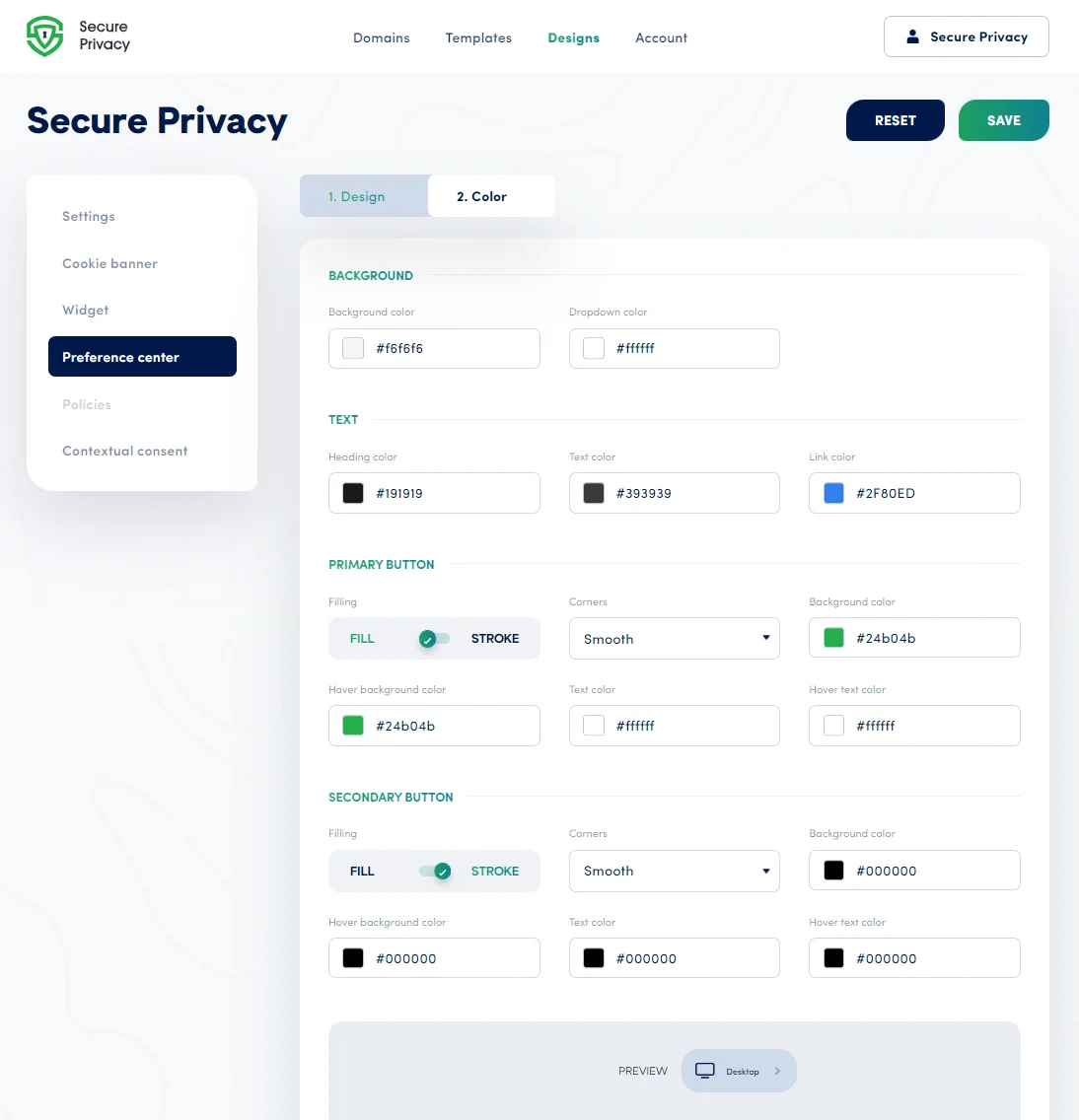 Secure Privacy Preference Center Color tab showing background, text, primary button, and secondary button color configuration options