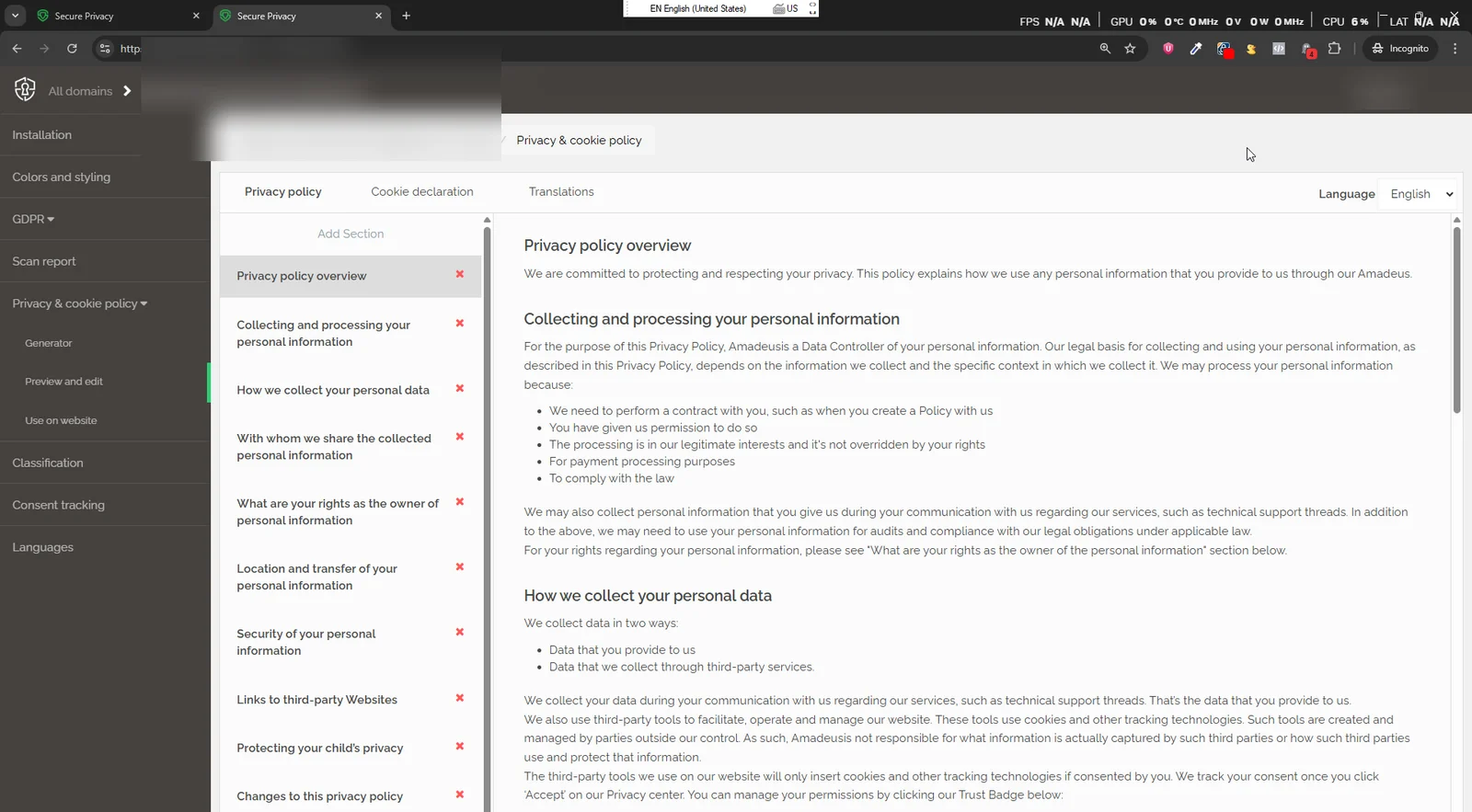 Secure Privacy Privacy and Cookie Policy settings page showing policy generator and Use on Website options