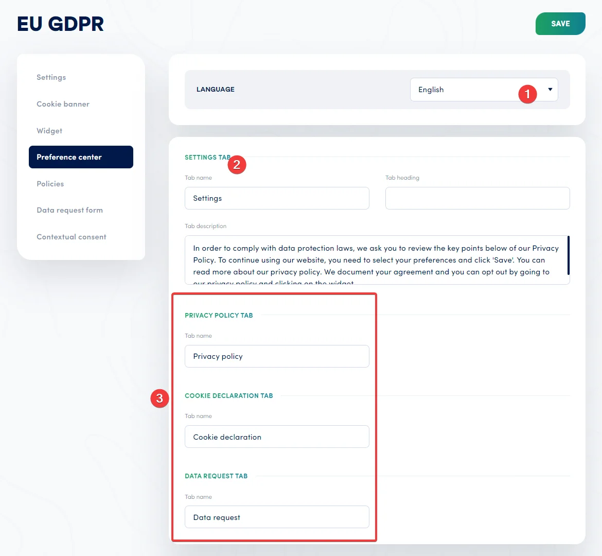 Secure Privacy Preference Center editor mode showing Language selector and Settings, Privacy Policy, Cookie Declaration, and Data Request tabs