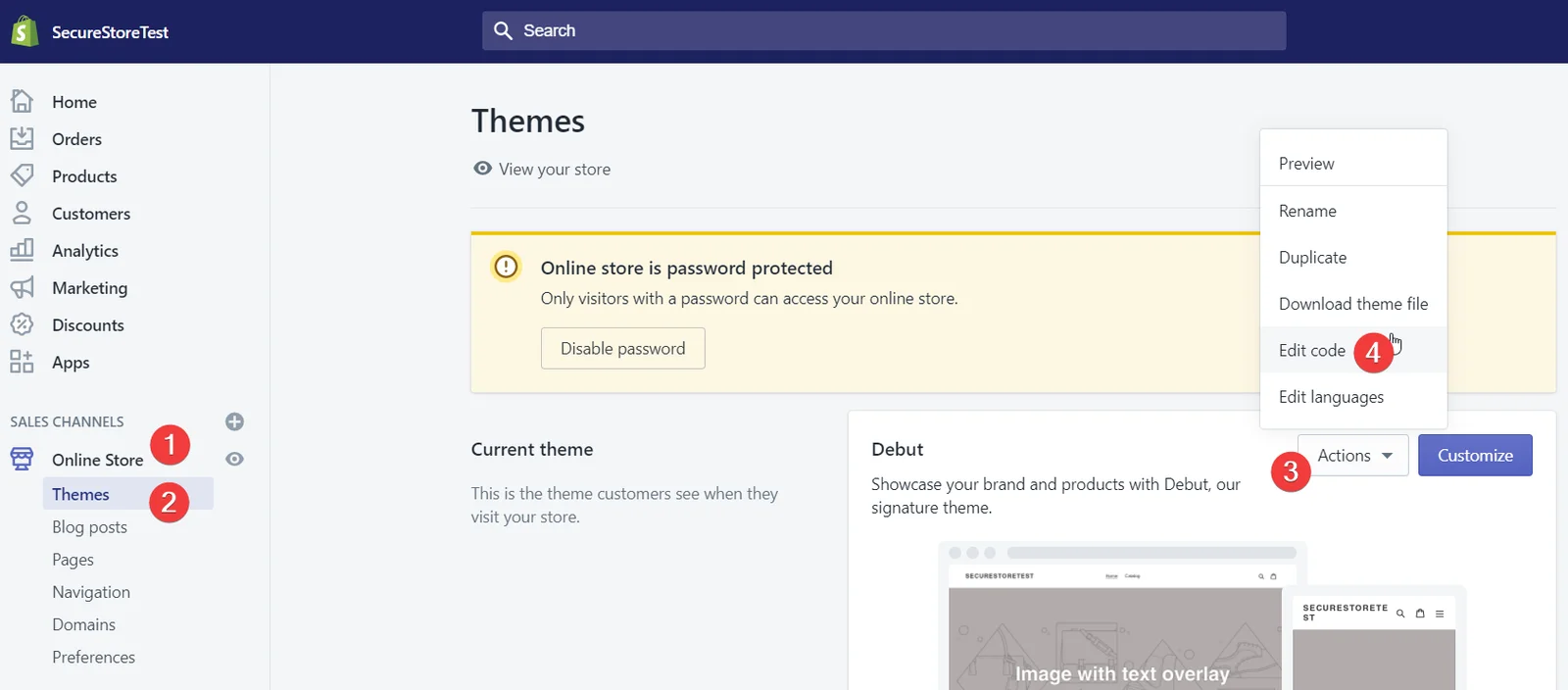 Shopify Online Store Themes panel showing the Actions dropdown menu with Edit code option highlighted