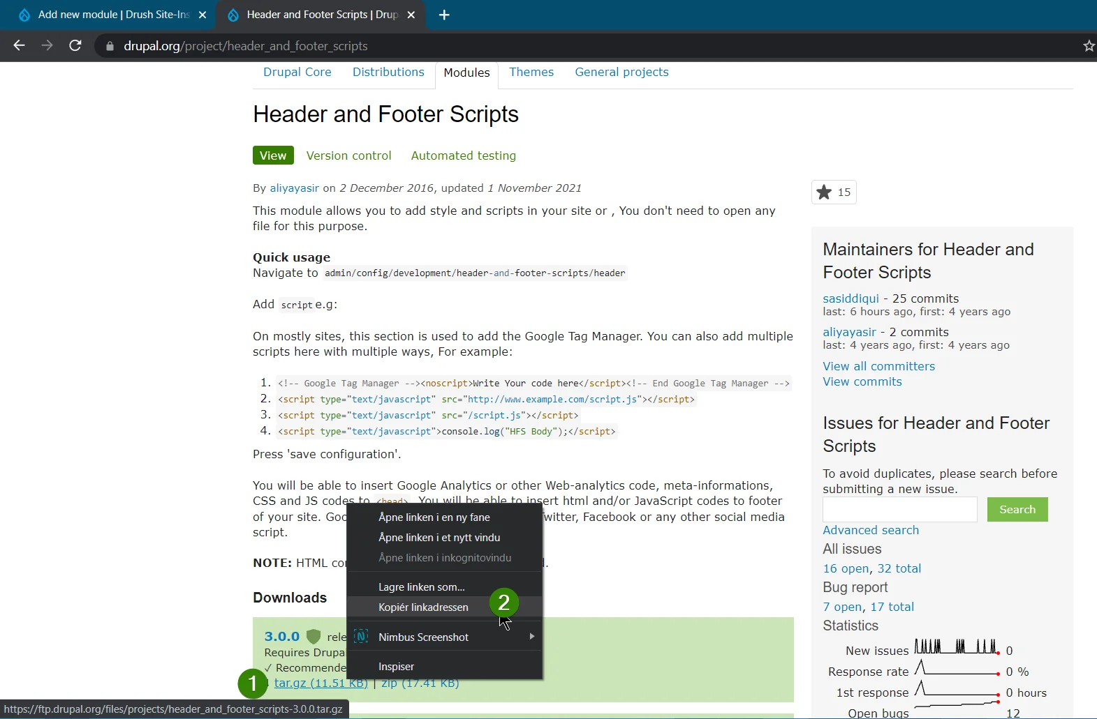 Drupal.org Header and Footer Scripts module page showing the Downloads section with the latest release link to copy