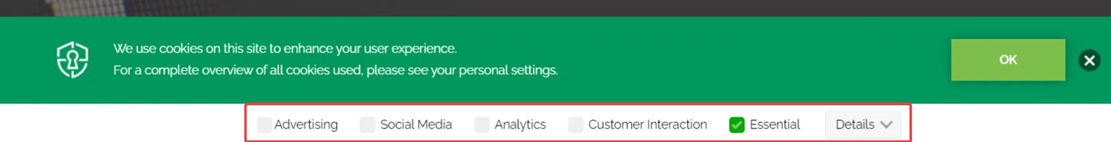 Example of the Secure Privacy detailed cookie banner displayed on a website showing expanded cookie categories and descriptions