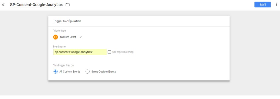 GTM Custom Event trigger configuration showing Event Name field with sp-consent equals Google Analytics and trigger named SP-Consent-Google-Analytics
