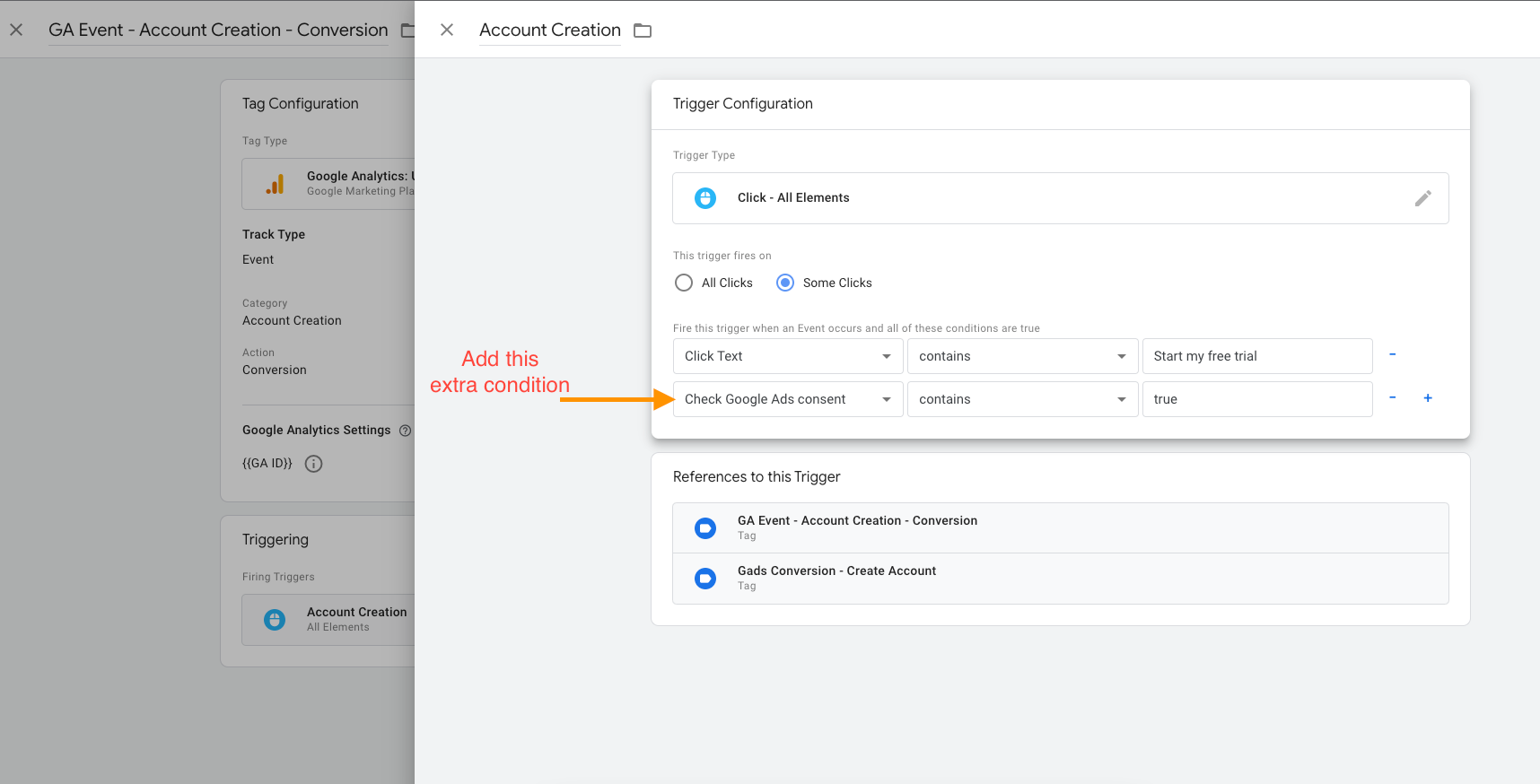 GTM Trigger configuration panel showing a consent condition added to block tags without user consent