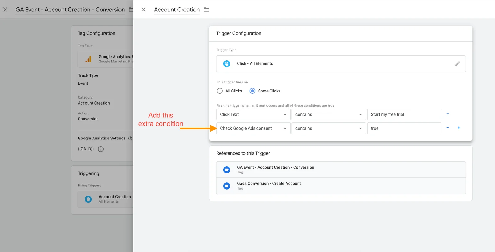 GTM Trigger configuration panel showing a consent condition added to block tags without user consent
