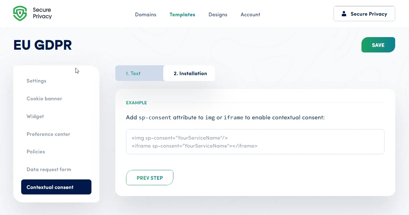 Secure Privacy contextual consent message settings and button text customization panel in the template editor