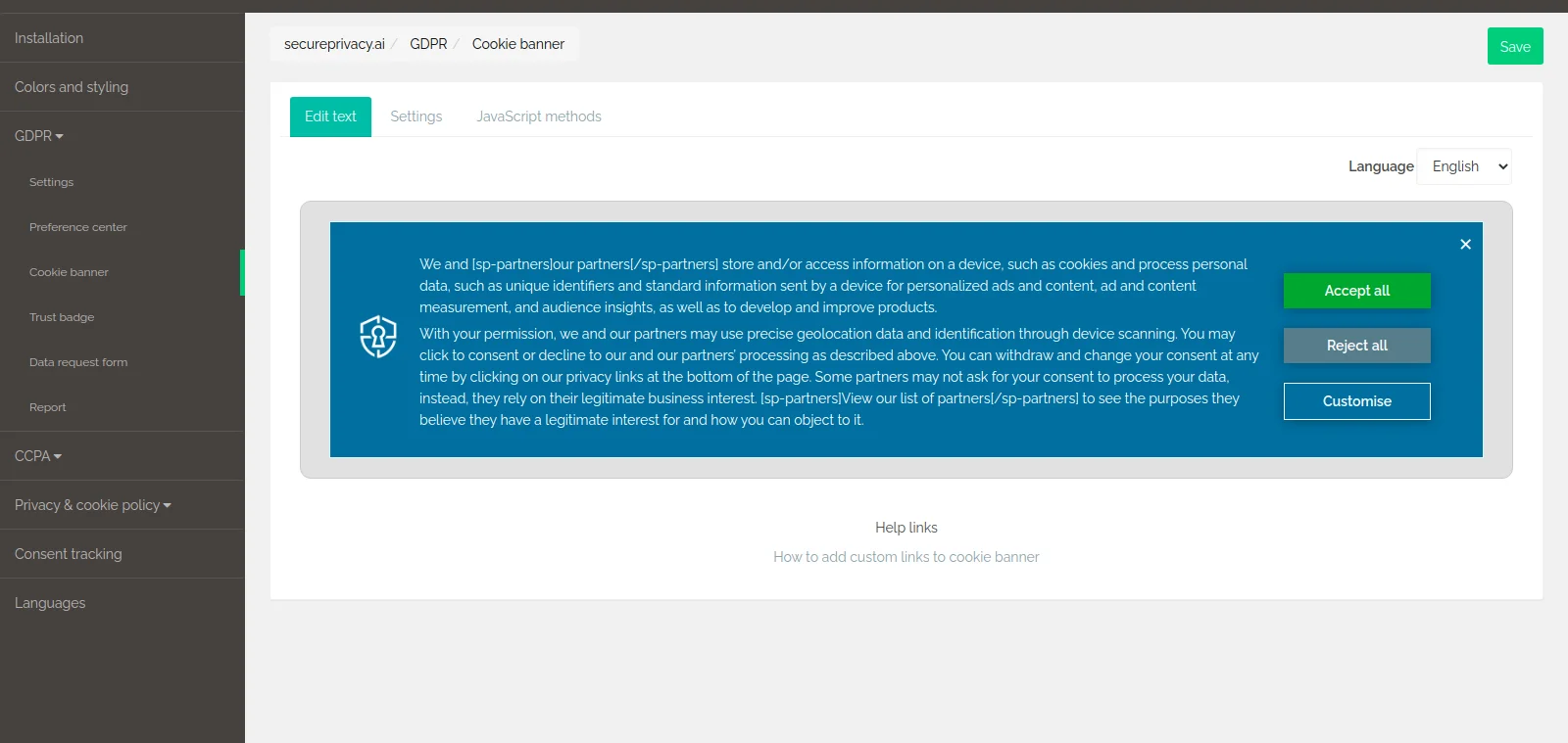 Secure Privacy WYSIWYG editor showing IAB TCF 2.0 pre-approved cookie banner message text