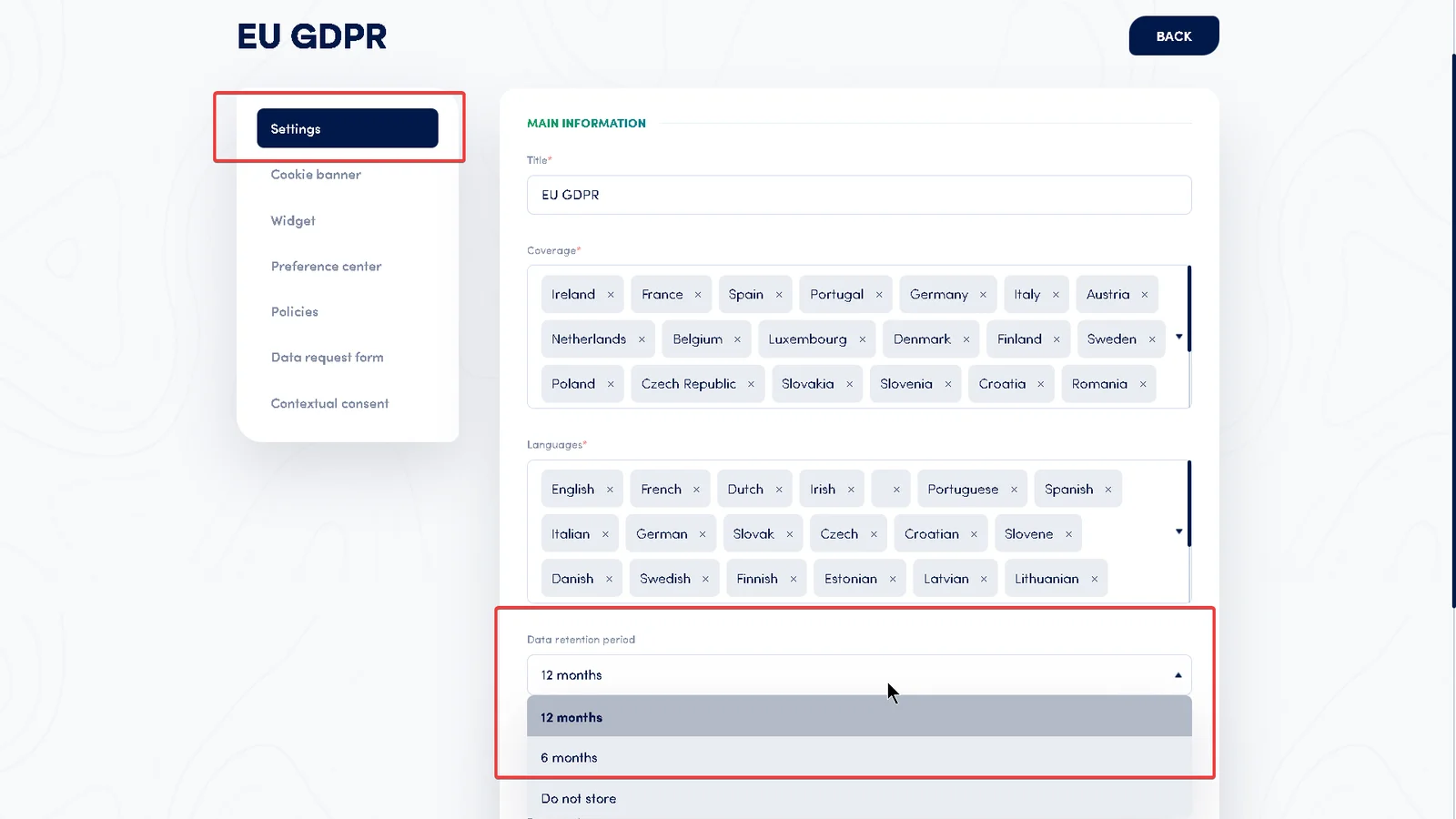 Secure Privacy legal template Settings tab showing data retention period dropdown