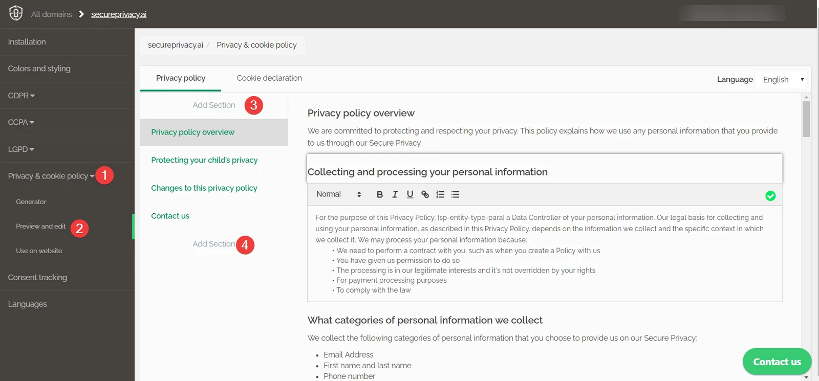 Secure Privacy Preview and edit section showing Add Section button at top and bottom of privacy policy editor