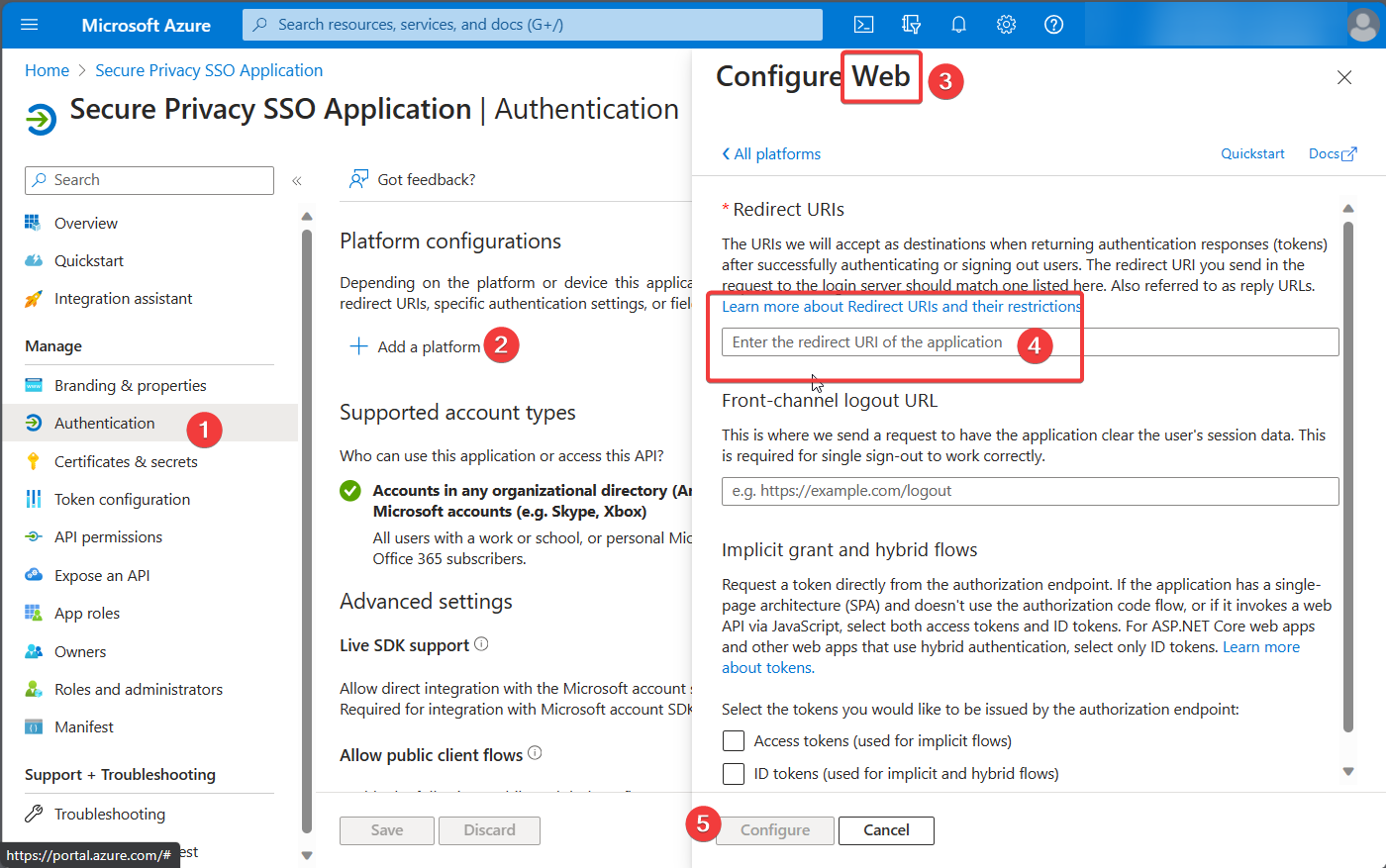 Azure App registration Authentication page showing the Web platform redirect URI set to https://cmp.secureprivacy.ai/ for Secure Privacy SSO