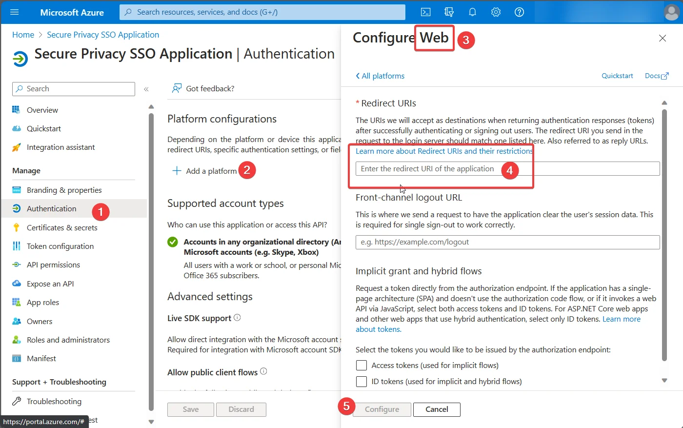 Azure App registration Authentication page showing the Web platform redirect URI set to https://cmp.secureprivacy.ai/ for Secure Privacy SSO