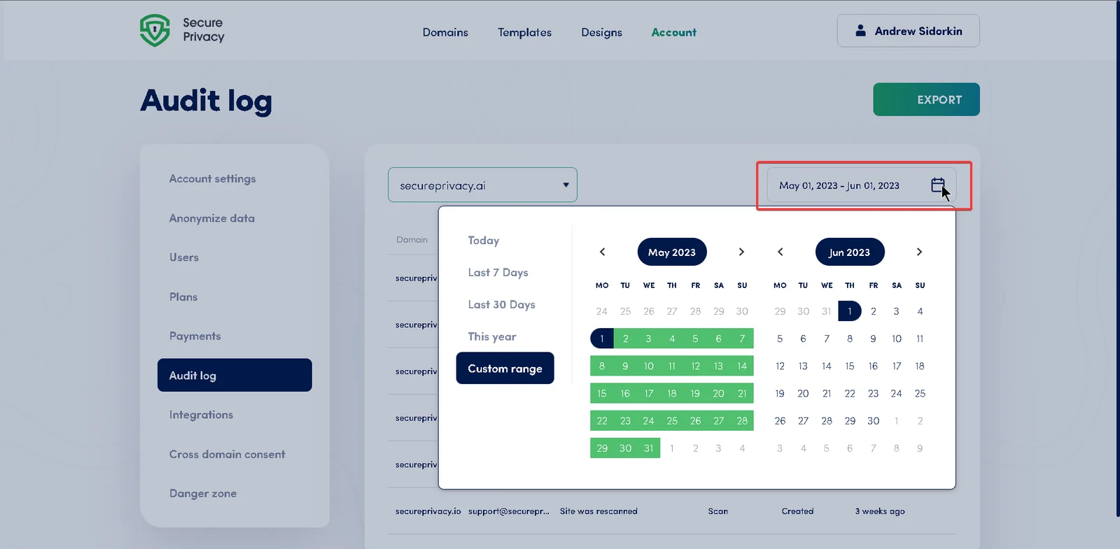 Secure Privacy Audit Log date filter showing a calendar dropdown widget for selecting a custom date range to narrow activity log results