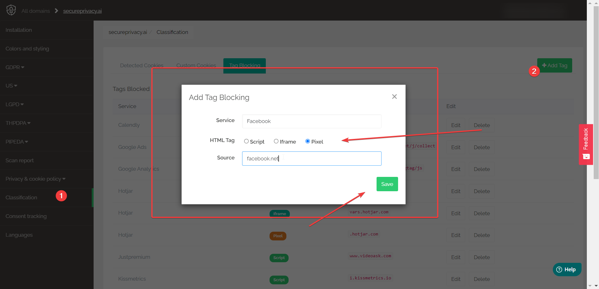 Secure Privacy Classification Tag Blocking tab showing interface for adding a script, iframe, or pixel source URL to manual blocking configuration