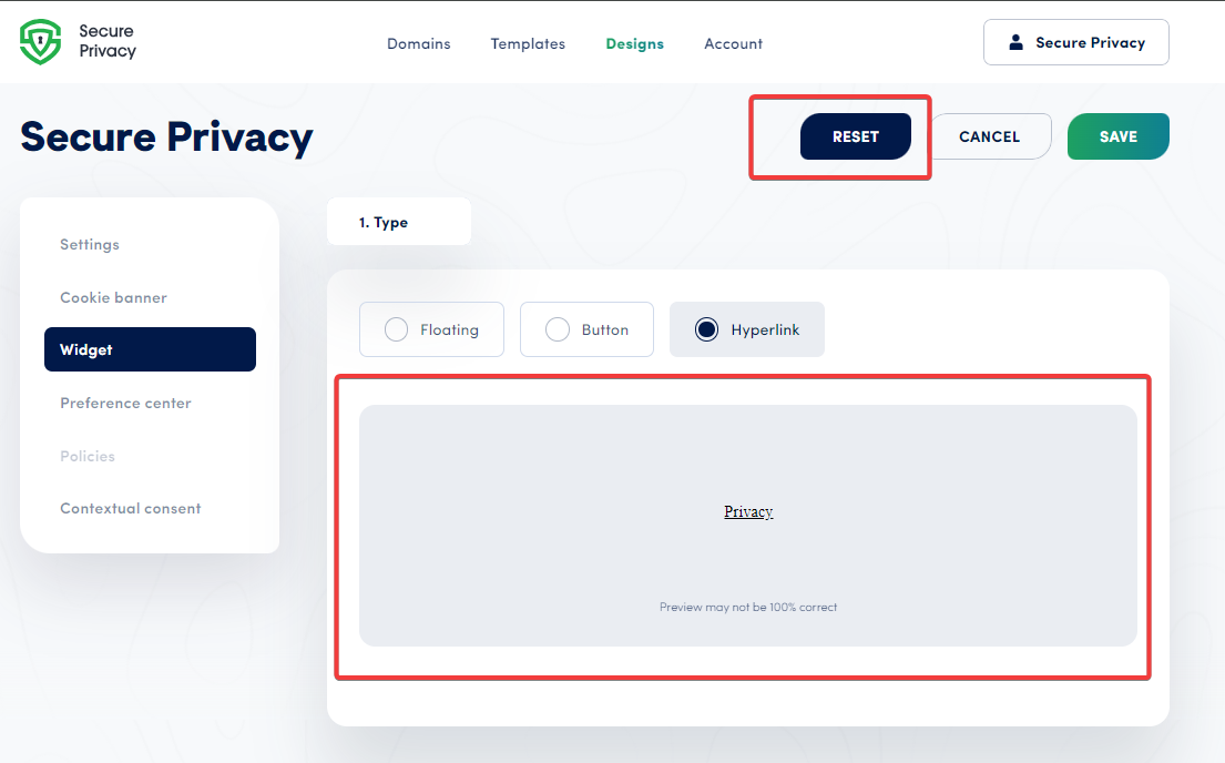 Secure Privacy Hyperlink widget type selected in the Widget settings showing the text link display option