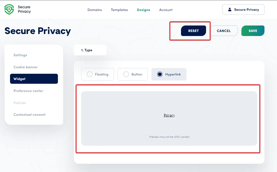 Secure Privacy Hyperlink widget type selected in the Widget settings showing the text link display option