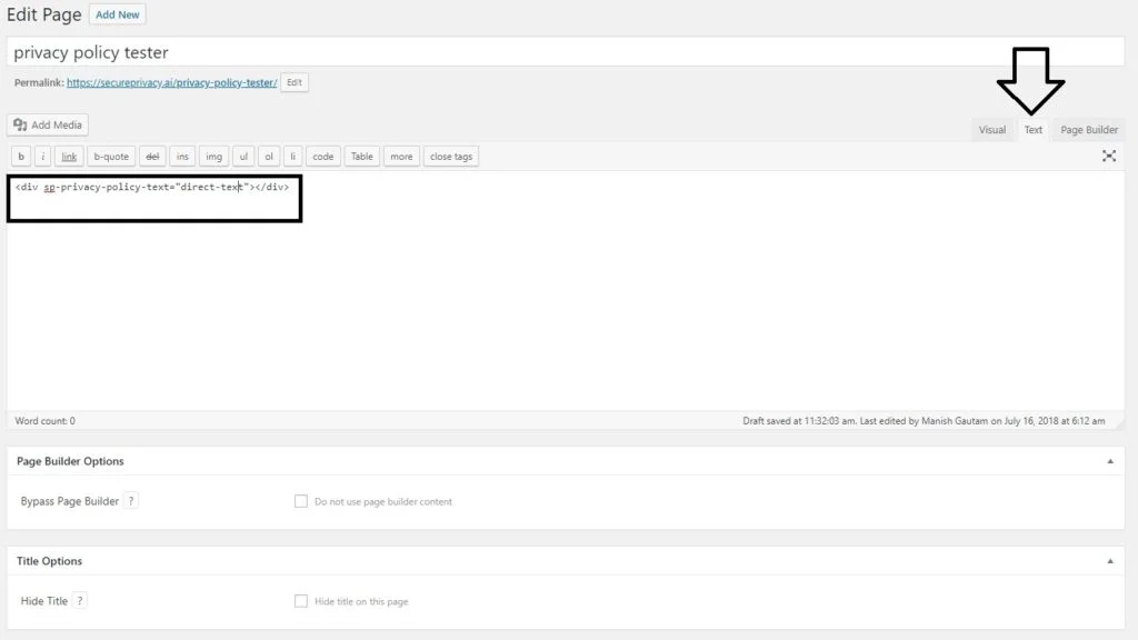 WordPress page editor showing the Text tab with Secure Privacy privacy policy embed code pasted into the HTML content area