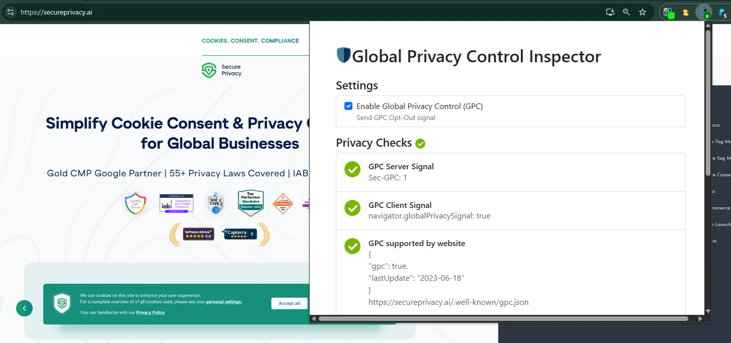 Global Privacy Control Inspector browser extension panel showing GPC signal enabled in browser, detected by server, and supported by the website cookie banner