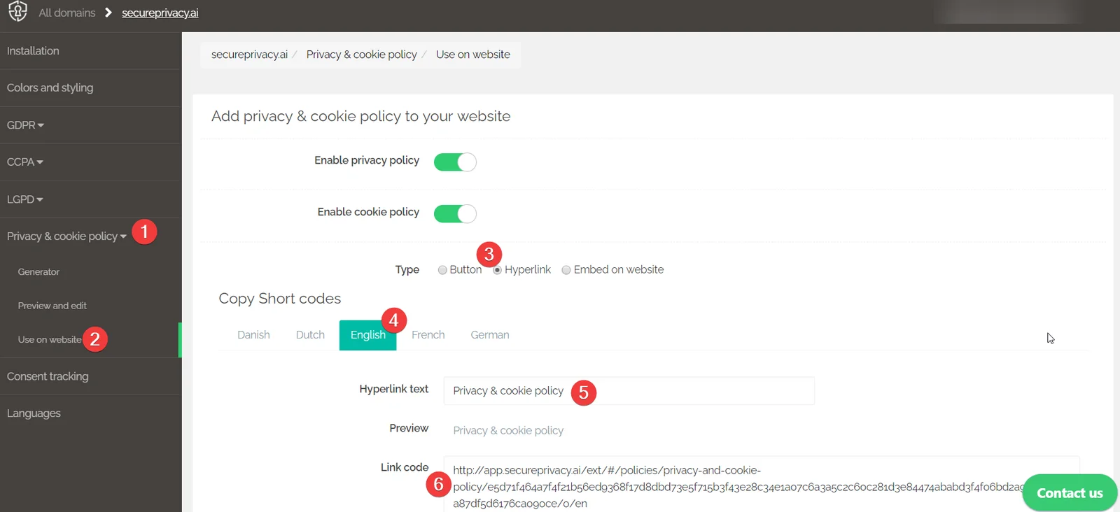 Secure Privacy Privacy Policy embed options showing Hyperlink type selected with language, hyperlink text, preview, and link code fields