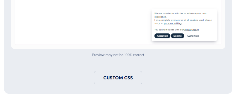Secure Privacy design page showing the Custom CSS input field below the cookie banner preview