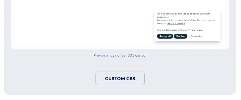 Secure Privacy design page showing the Custom CSS input field below the cookie banner preview
