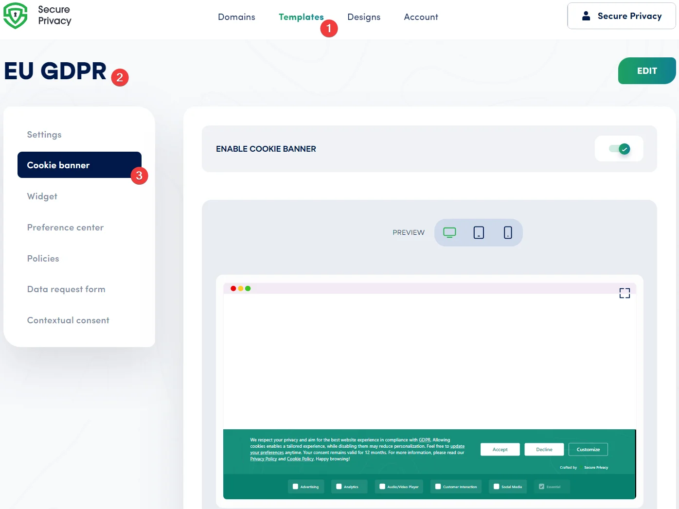 Navigating to the Cookie Banner tab inside Secure Privacy Templates settings
