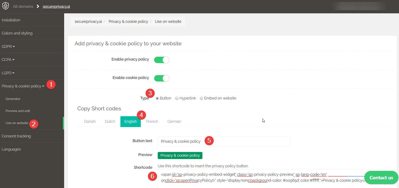 Secure Privacy Privacy Policy embed options showing Button type selected with language, button text, preview, and shortcode fields