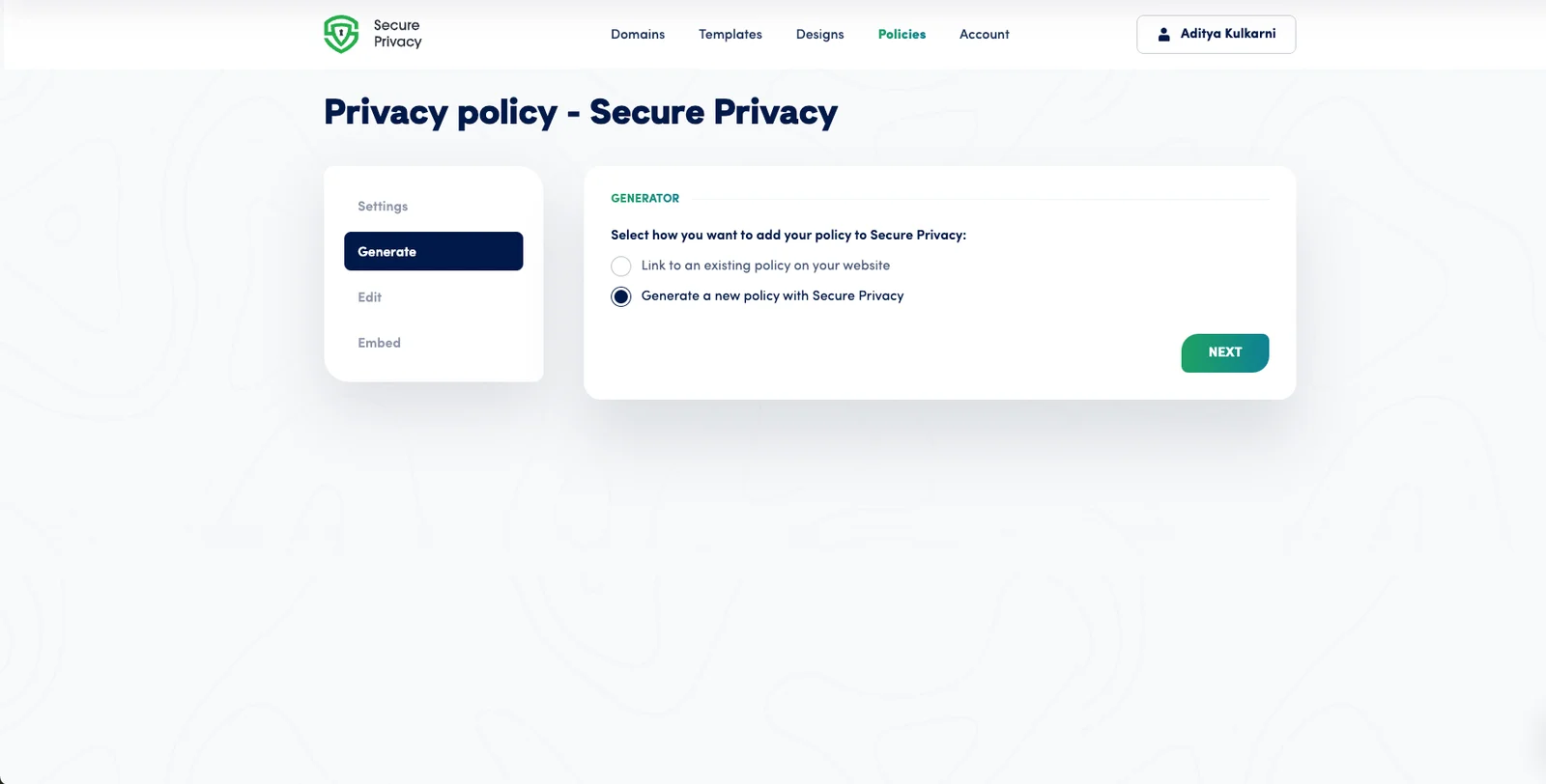 Secure Privacy policy generator showing the four-step wizard with fields for applicable laws, entity type, DPO details, and third-party services