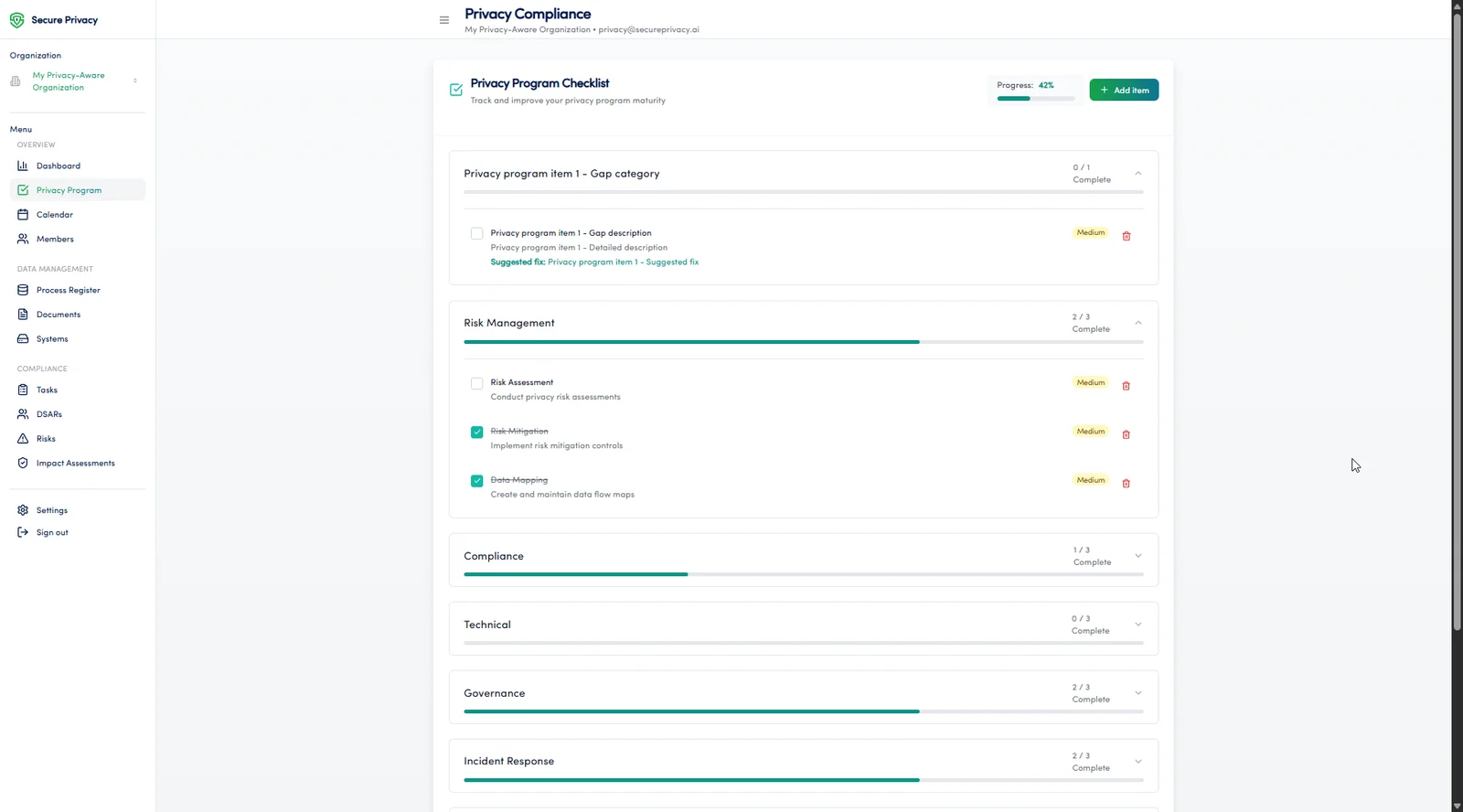 Secure Privacy Governance Solution Privacy Program module showing compliance maturity checklist and progress tracking dashboard
