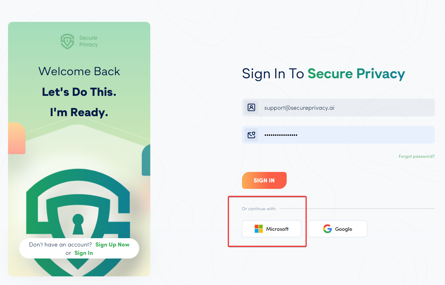 Secure Privacy login page showing the Microsoft SSO sign-in button available for users authenticated via Azure Active Directory