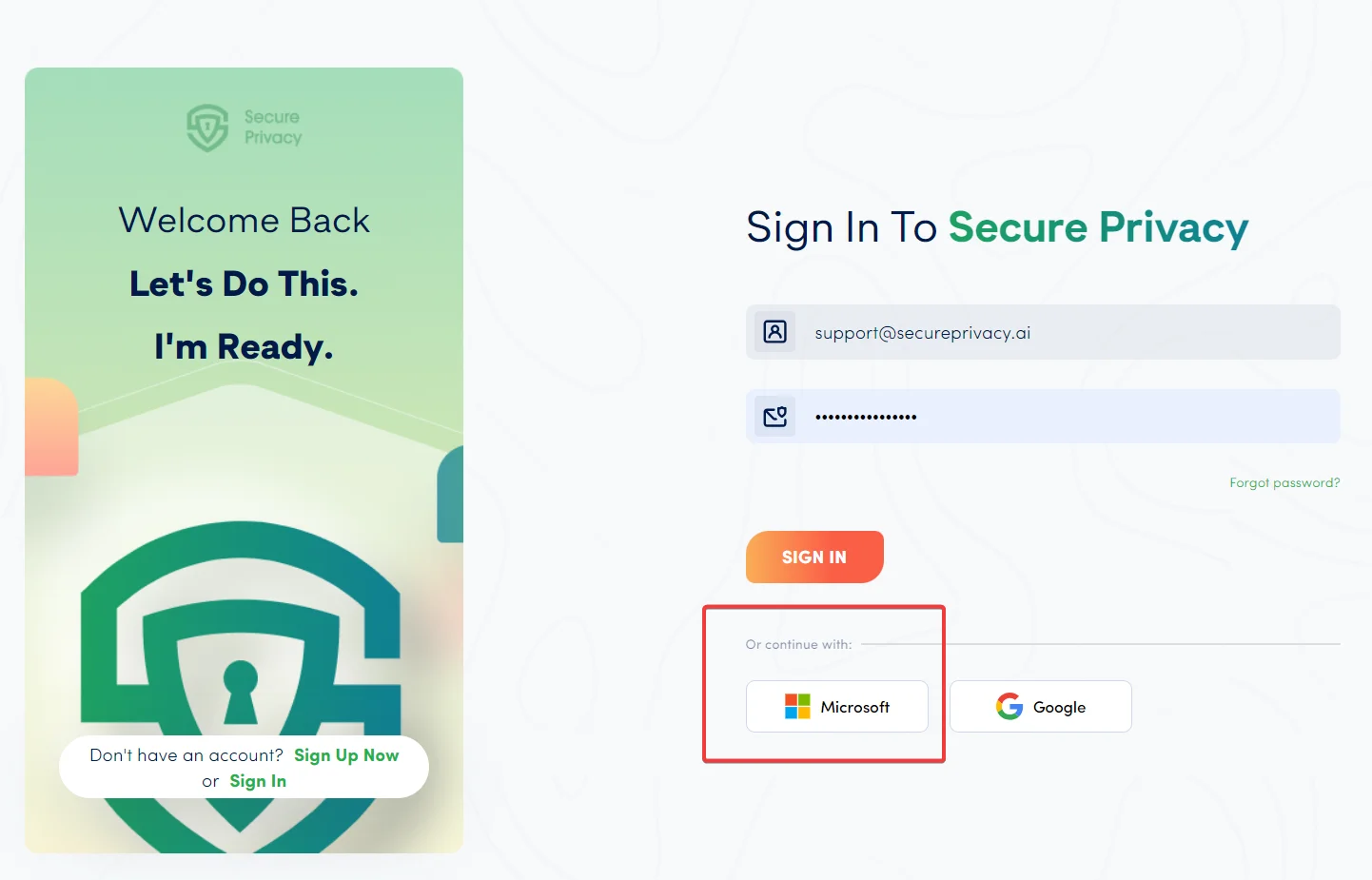 Secure Privacy login page showing the Microsoft SSO sign-in button available for users authenticated via Azure Active Directory