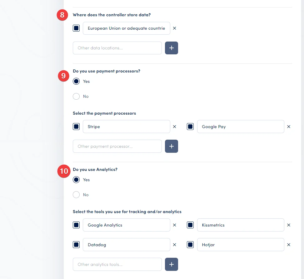 Secure Privacy privacy policy generator showing fields for analytics tools, advertising service providers, and third-party data processors