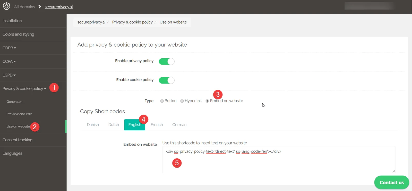 Secure Privacy Privacy Policy embed options showing Embed on website type selected with language selector and full-page embed code