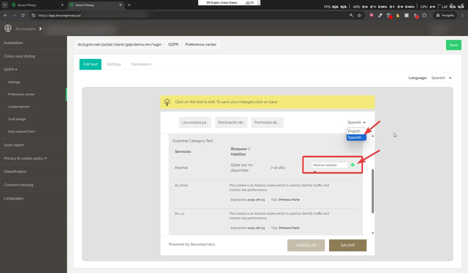 Secure Privacy cookie banner Edit Text interface showing editable banner copy with language selector