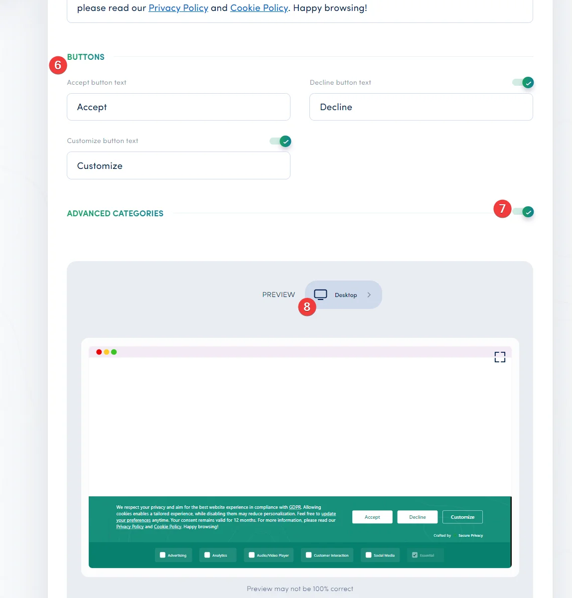 Interactive real-time preview of cookie banner on desktop, tablet, and mobile in Secure Privacy