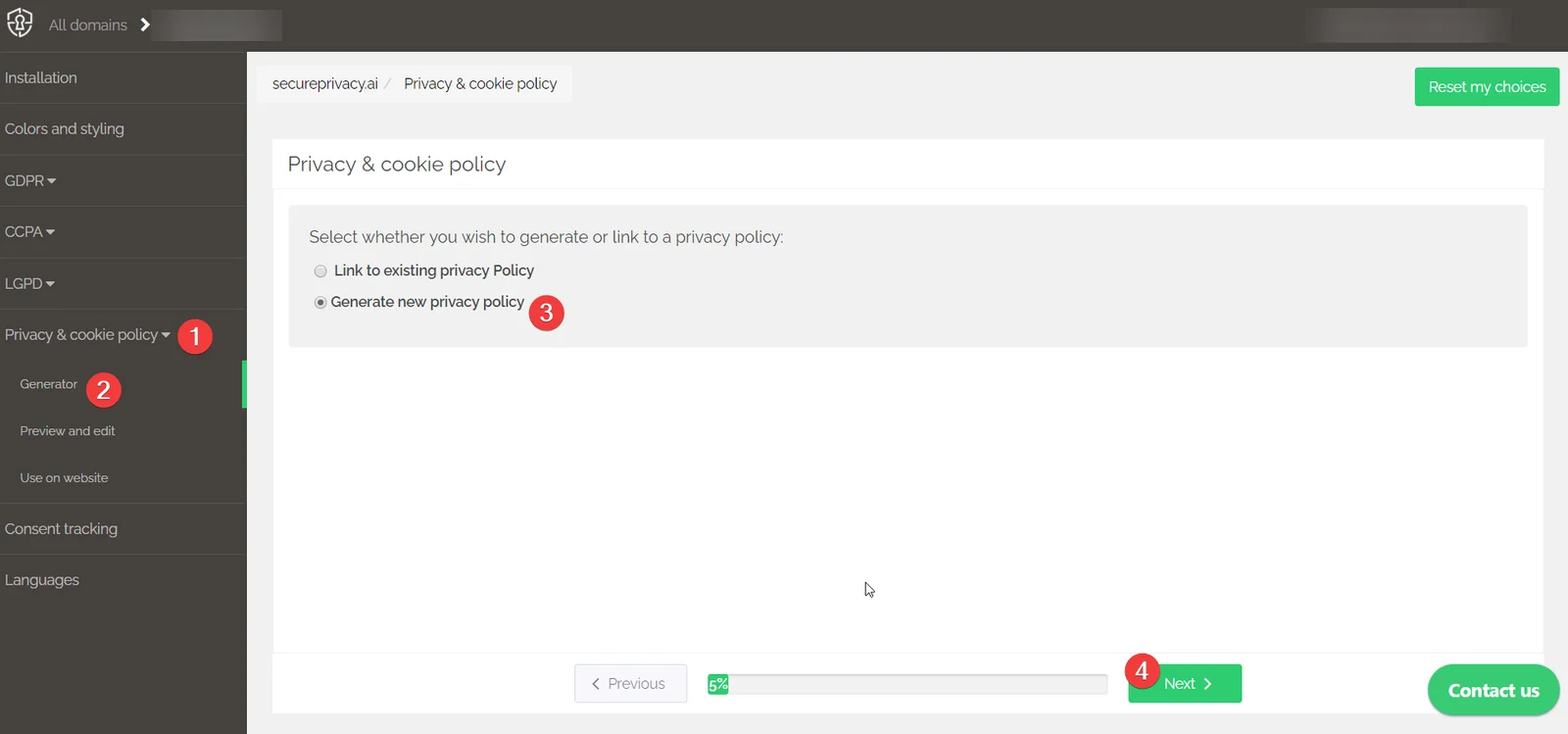 Secure Privacy Privacy Policy generator showing questionnaire fields and Save all button to generate a personalized policy